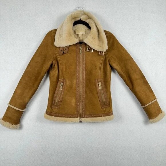 Michael Kors Suede Leather Sherpa Moto Jacket Lambs Wool Lined Spain Sz Small - Picture 1 of 14